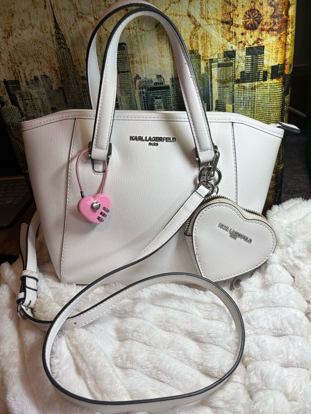 Karl Lagerfeld White Tote Bag with Heart Charms Like New